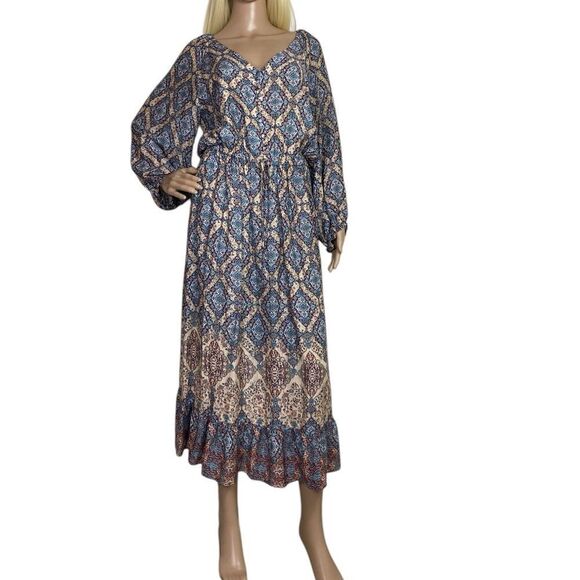 Stetson long dress M blue Tan beige pattern V neck lightweight summer spring - Picture 3 of 8
